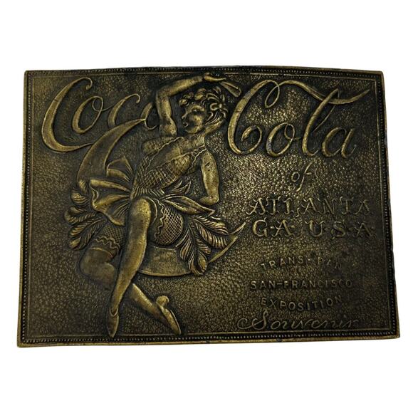 Coca Cola of Atlanta Dancer Brass Belt Buckle 3.5" x 2.5" Trans-Pan Exposition - Picture 1 of 2